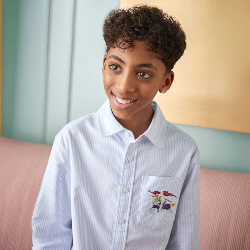 Burberry-Рубашка голубая в полоску из хлопка с вышивкой EKD для мальчиков | Childrensalon