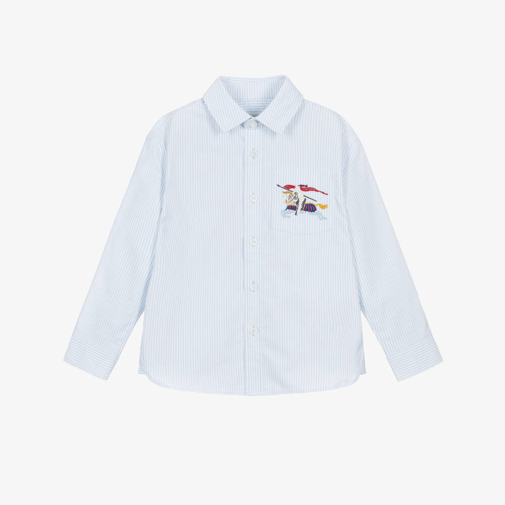 Burberry-Boys Blue Pinstripe Cotton Shirt with Embroidered EKD | Childrensalon