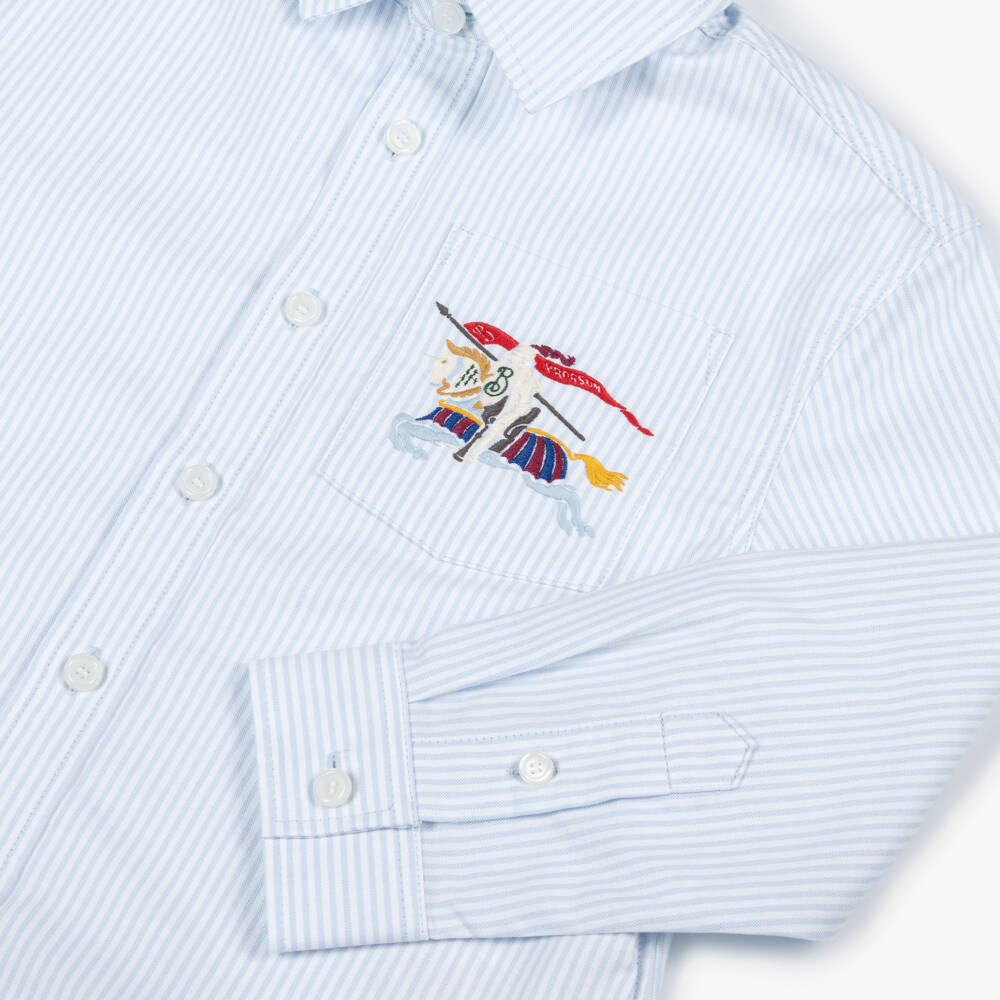 Burberry-Boys Blue Pinstripe Cotton Shirt with Embroidered EKD | Childrensalon
