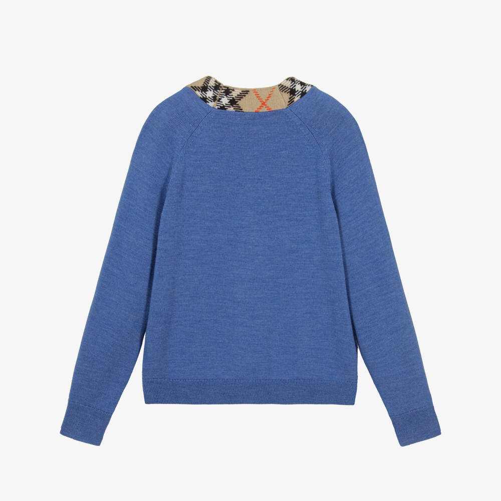 Burberry-Boys Blue Wool Cardigan with Check Trim | Childrensalon