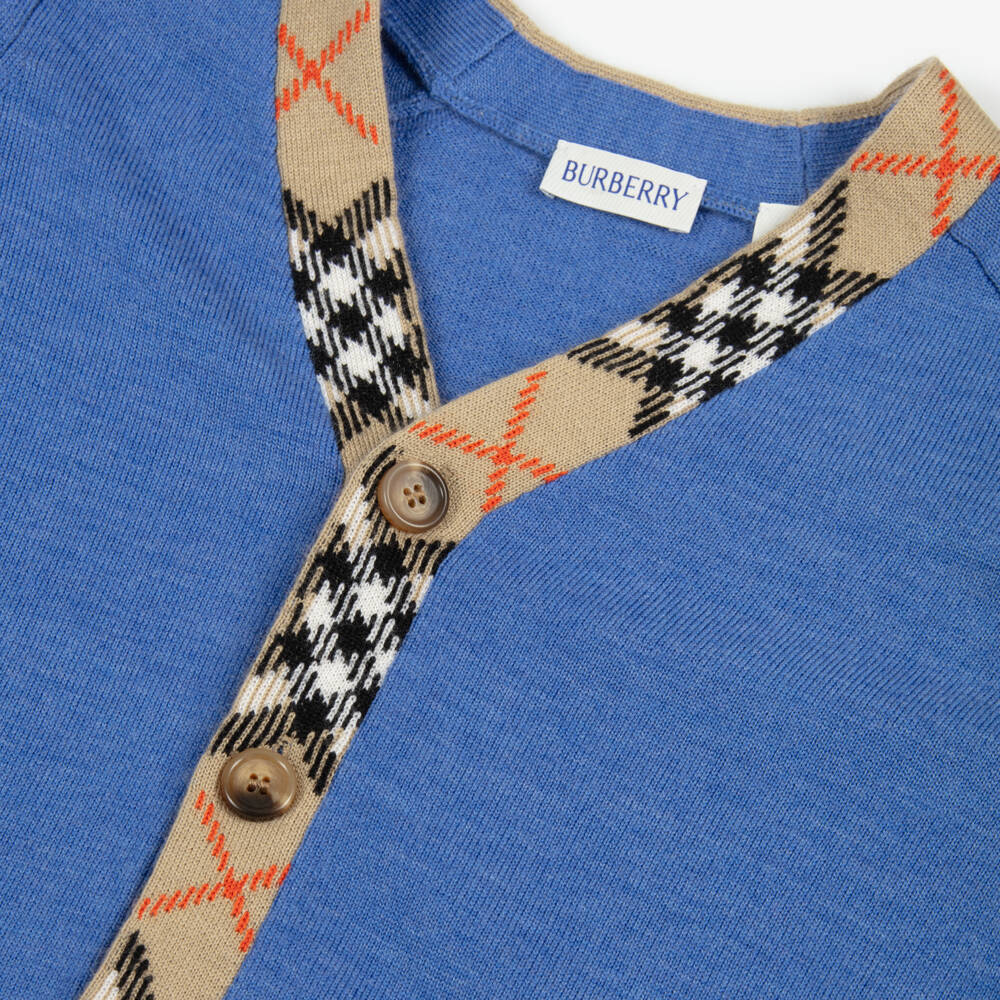 Burberry-Boys Blue Wool Cardigan with Check Trim | Childrensalon