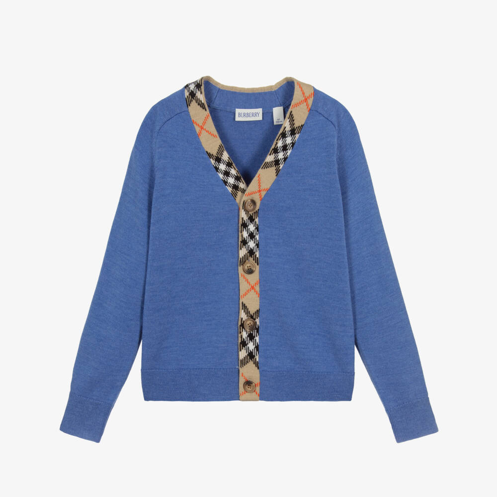 Burberry-Boys Blue Wool Cardigan with Check Trim | Childrensalon