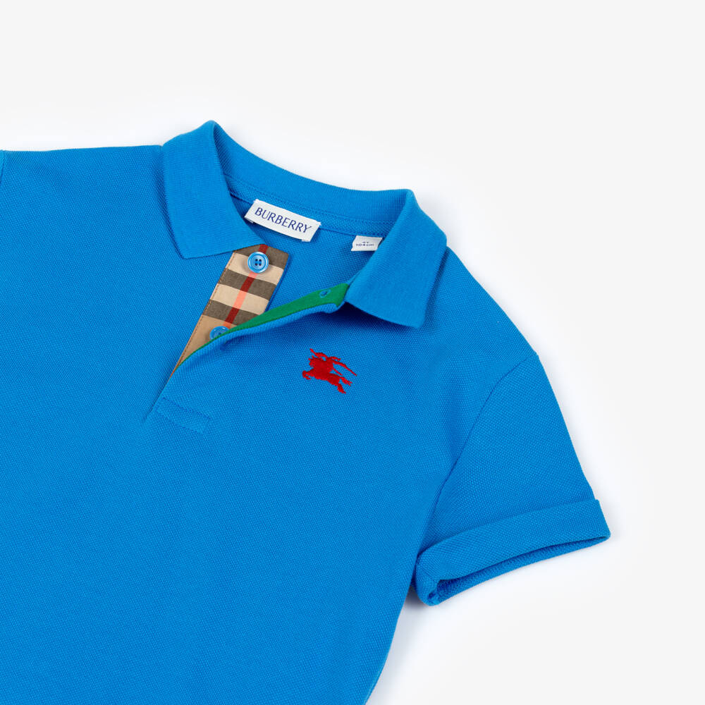 Burberry-Boys Bright Blue Cotton Piqué EKD Polo Shirt | Childrensalon