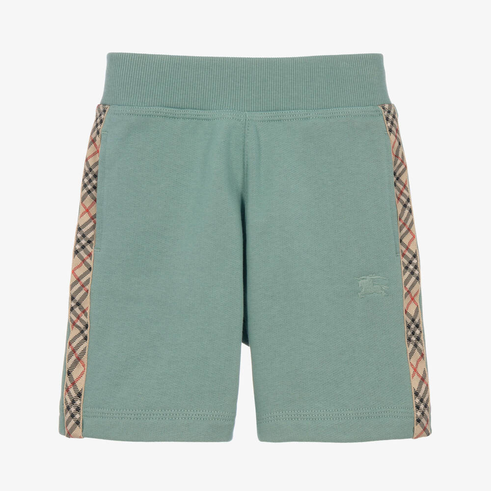 Burberry-Boys Green Check Trim Cotton Shorts | Childrensalon