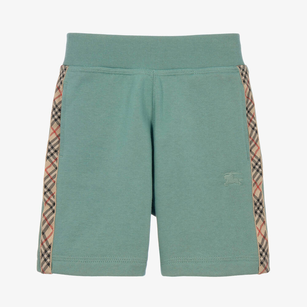 Burberry-Boys Green Check Trim Cotton Shorts | Childrensalon