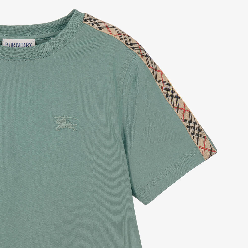 Burberry-Boys Green Check Trim Cotton T-Shirt | Childrensalon