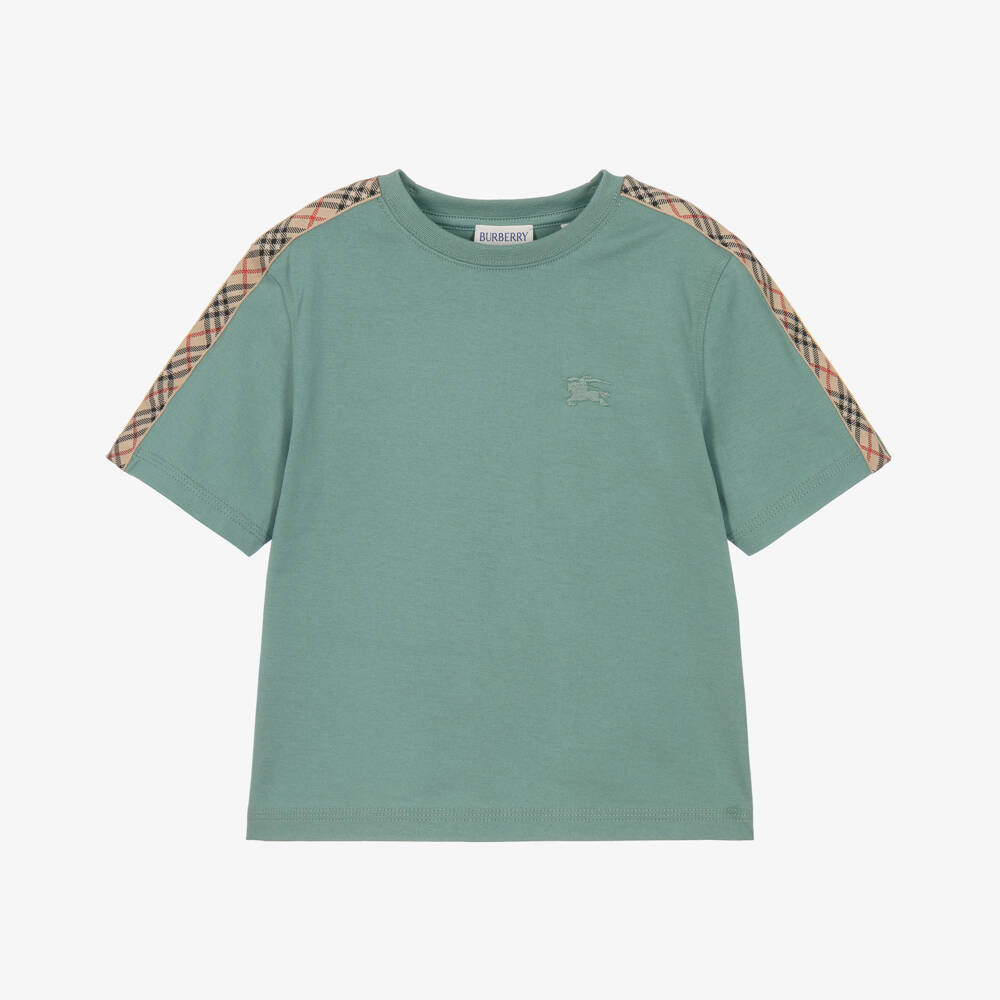 Burberry-Boys Green Check Trim Cotton T-Shirt | Childrensalon