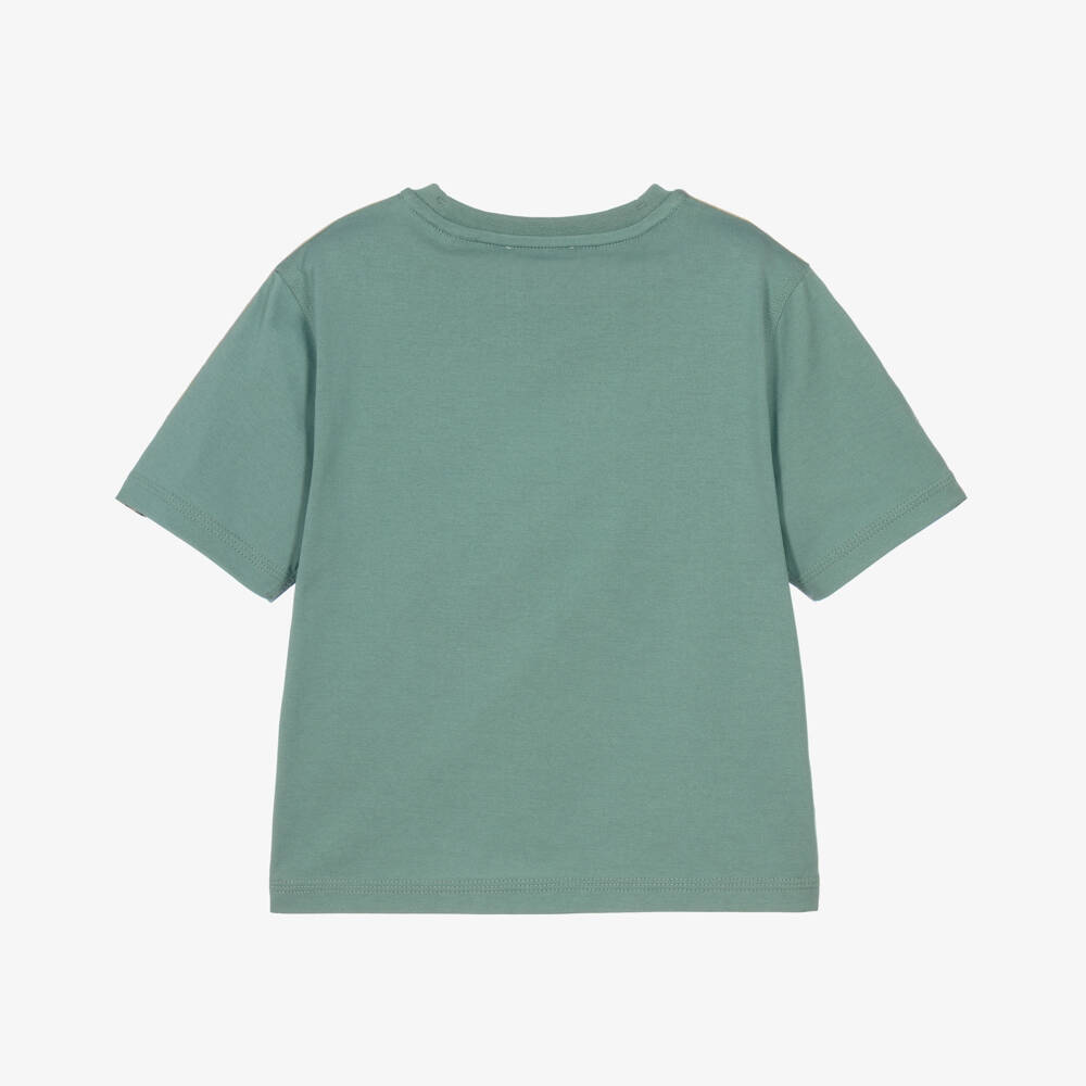 Burberry-Boys Green Check Trim Cotton T-Shirt | Childrensalon