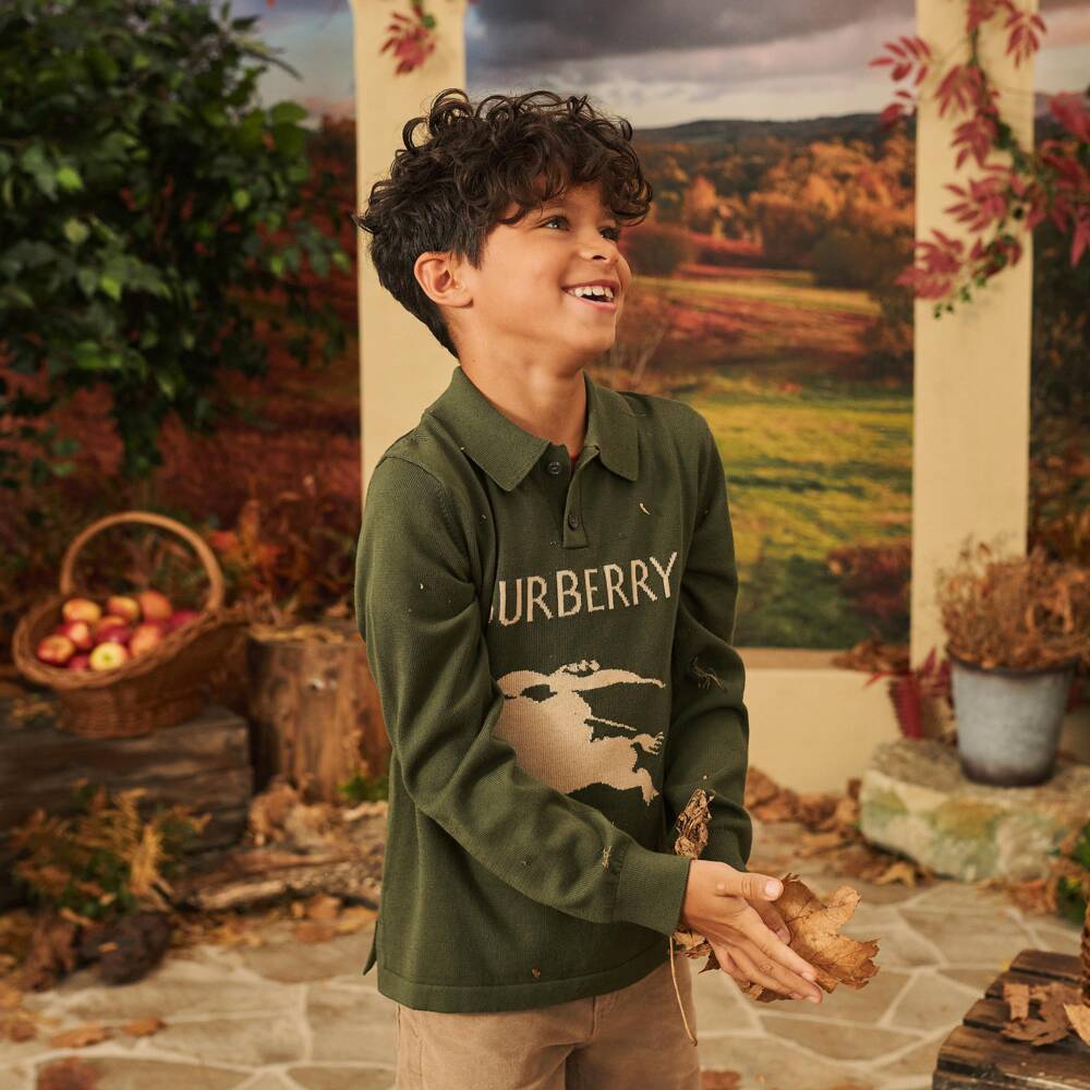 Burberry-Boys Green EKD Logo Polo Sweater | Childrensalon
