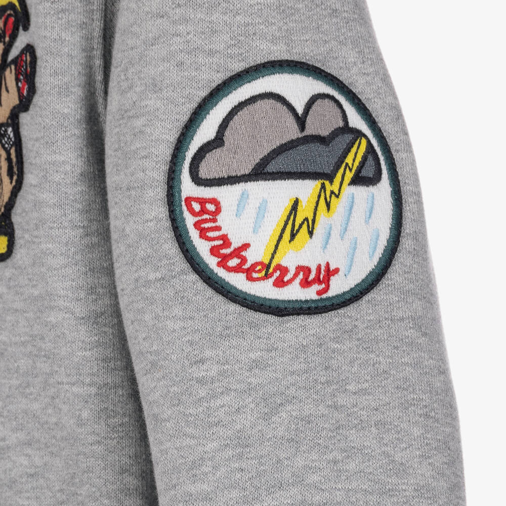 Burberry-Boys Grey Zip-Up Top with Thomas Bear Rainy Day Patches | Childrensalon