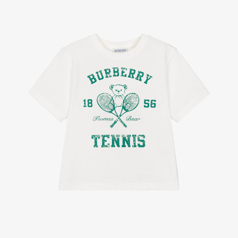 Burberry-Boys Ivory Cotton Tennis Bear T-Shirt | Childrensalon