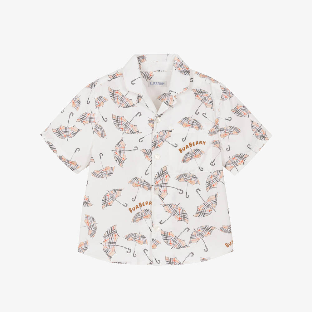 Burberry-قميص قطن بطبعة مظلات لون عاجي للاولاد | Childrensalon
