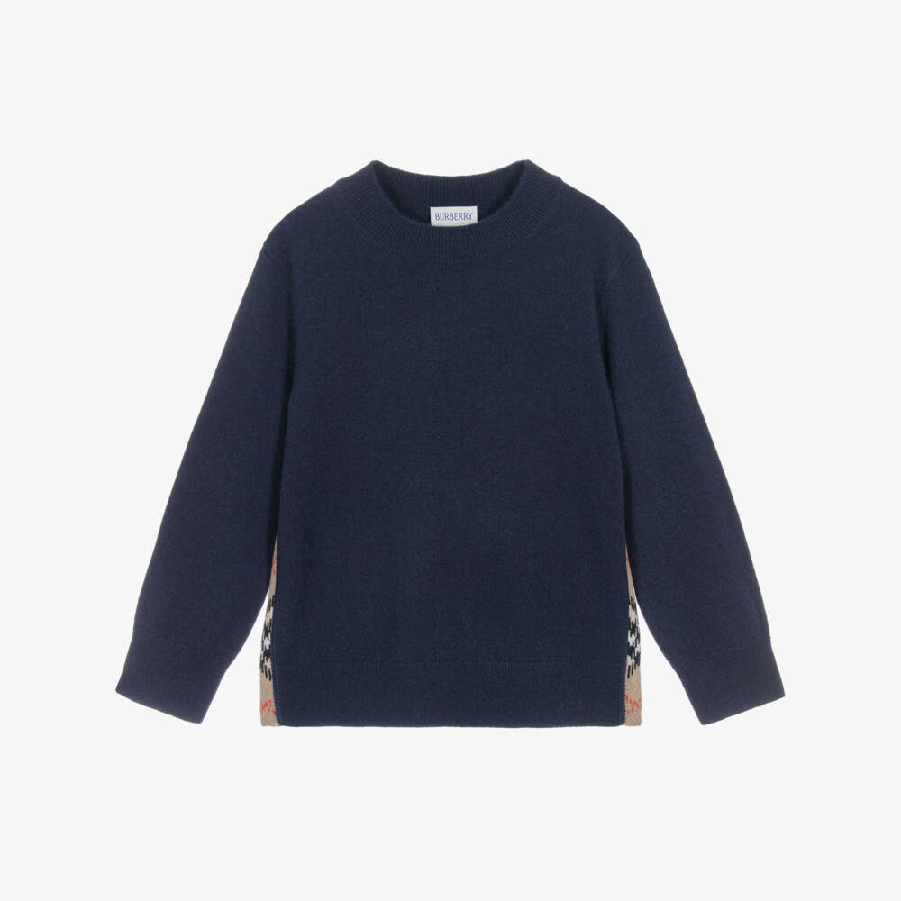 Burberry-Boys Navy Blue Check Elbow Patch Wool Knit Jumper | Childrensalon