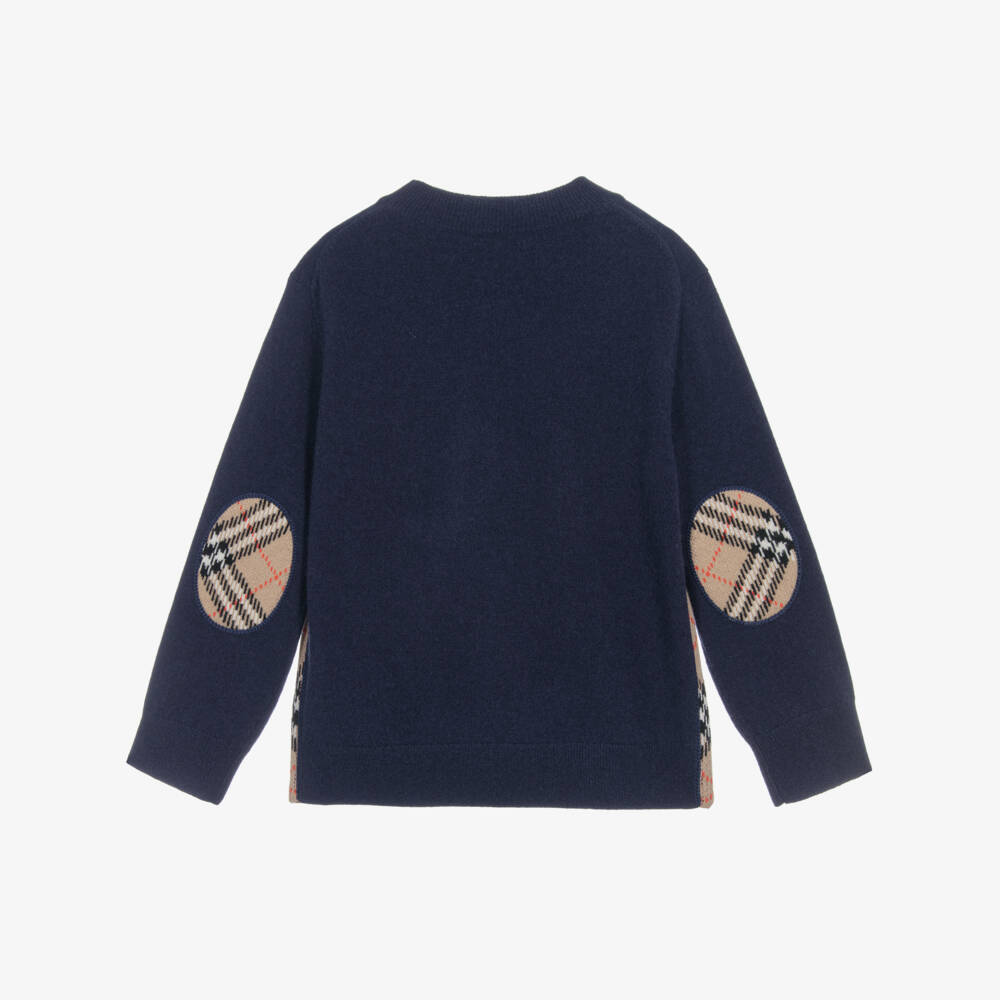 Burberry-Boys Navy Blue Check Elbow Patch Wool Knit Jumper | Childrensalon