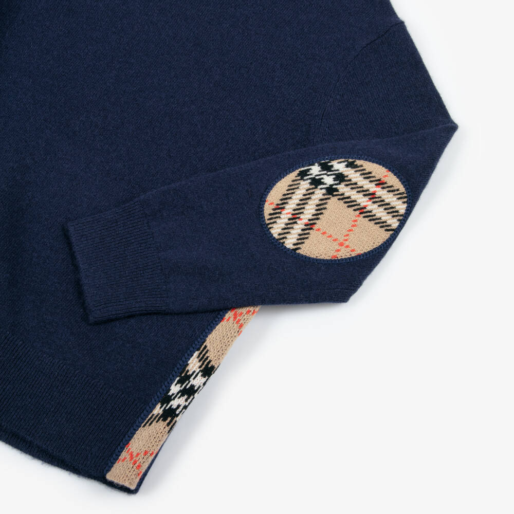 Burberry-Boys Navy Blue Check Elbow Patch Wool Knit Jumper | Childrensalon