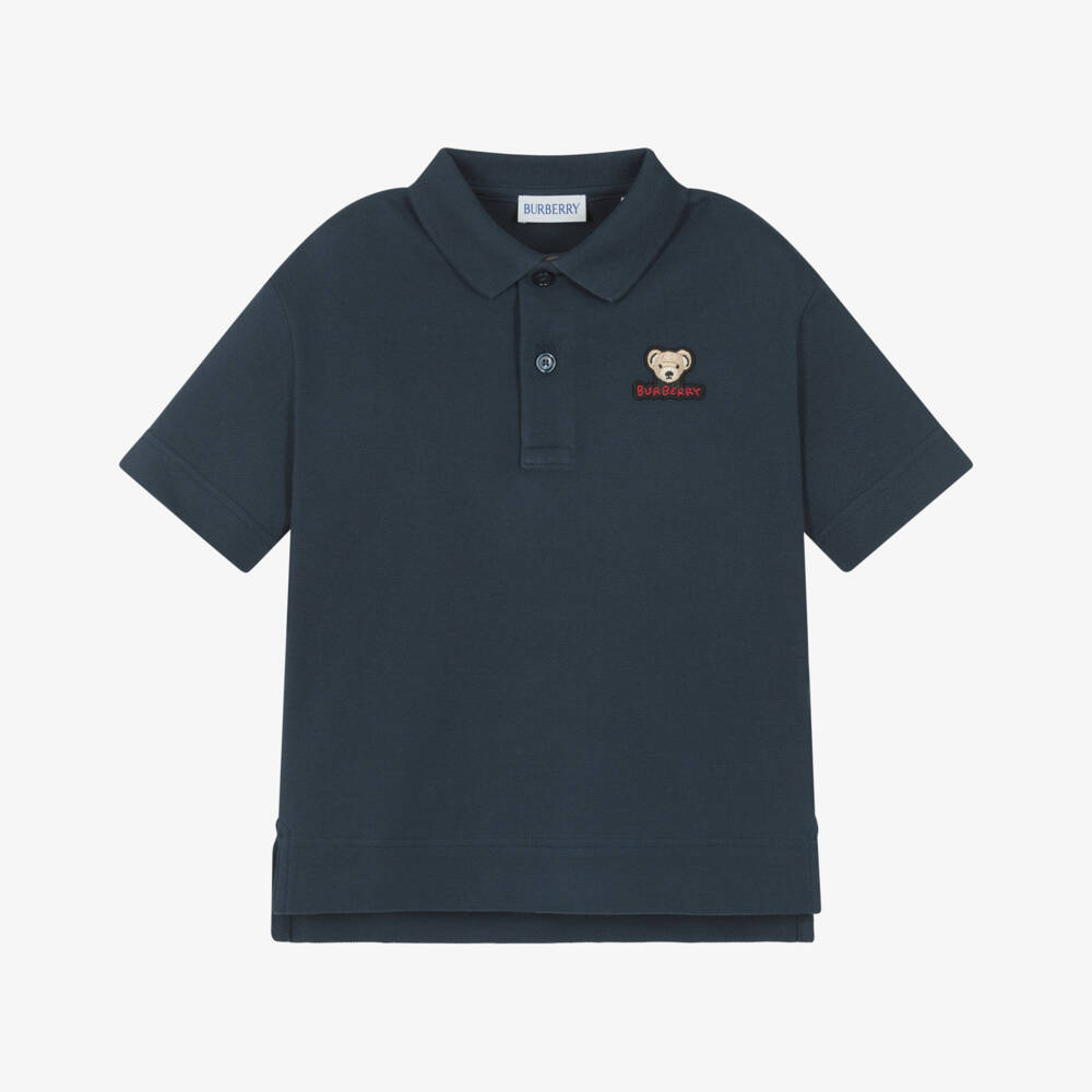 Burberry-Boys Navy Blue Cotton Piqué Polo Shirt with Thomas Bear Logo | Childrensalon