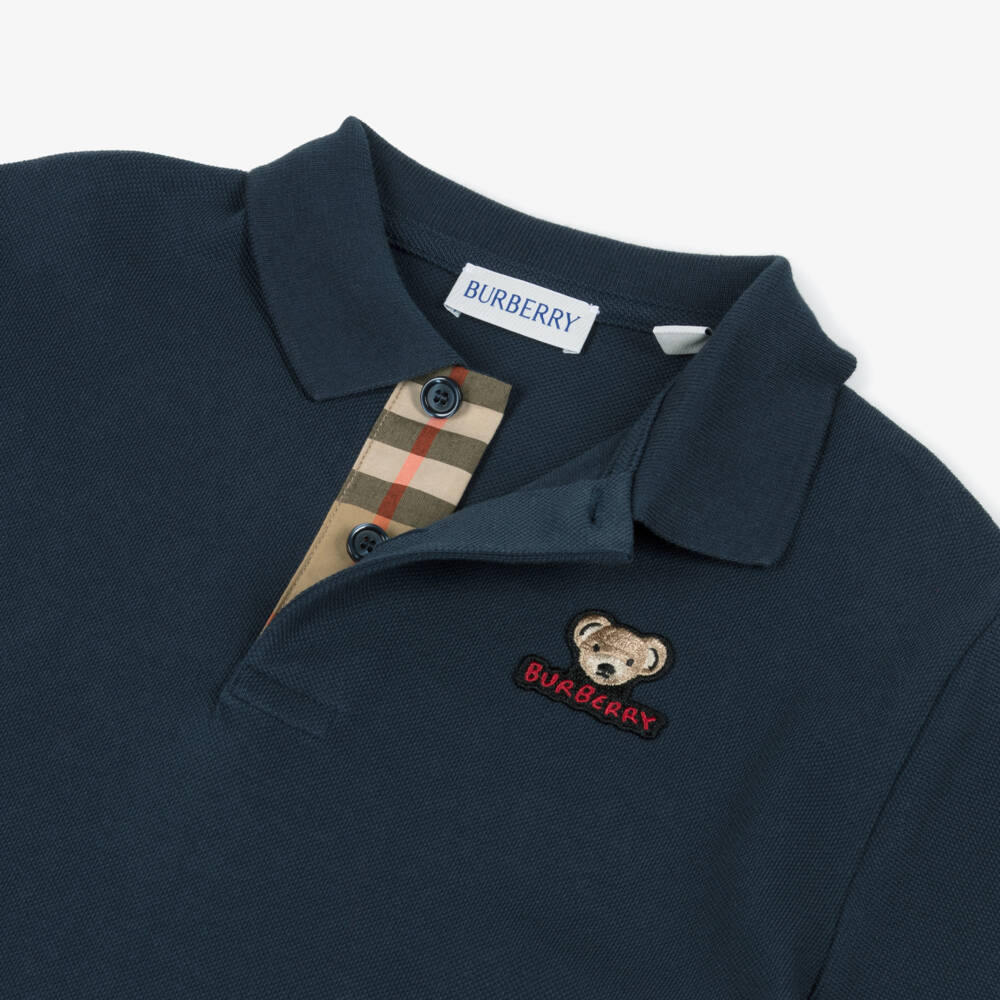 Burberry-Boys Navy Blue Cotton Piqué Polo Shirt with Thomas Bear Logo | Childrensalon