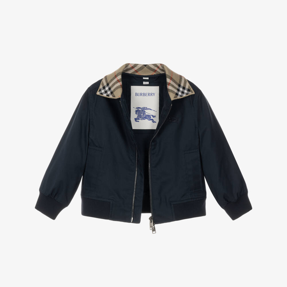 Burberry-Boys Navy Blue Cotton Twill Hayfield Harrington Jacket | Childrensalon