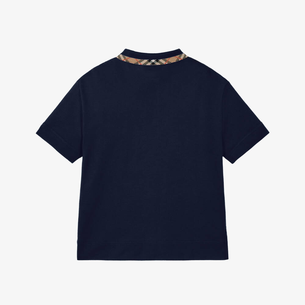 Burberry-Boys Navy Blue Piqué Polo Shirt with Burberry Check Trim | Childrensalon