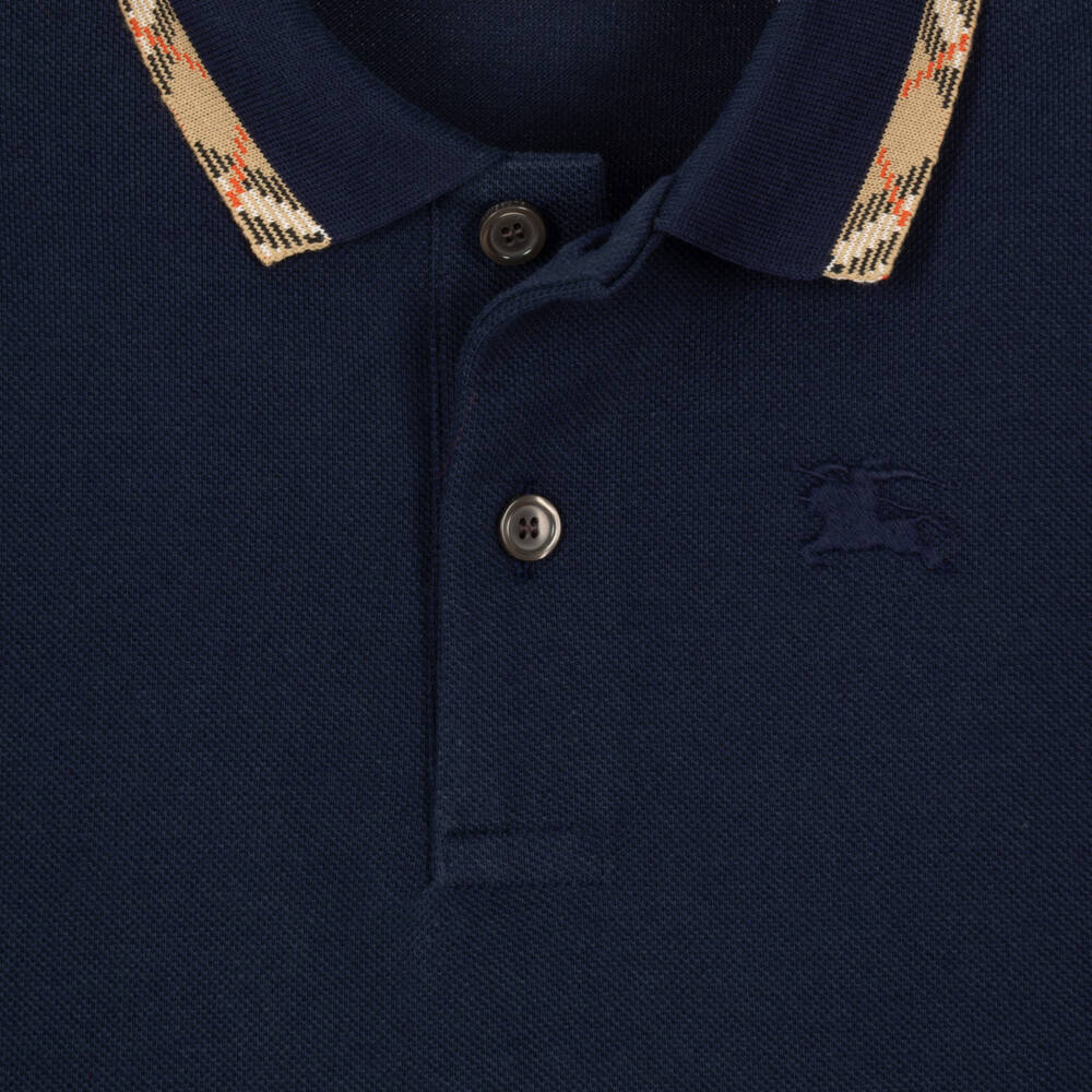 Burberry-Boys Navy Blue Piqué Polo Shirt with Burberry Check Trim | Childrensalon