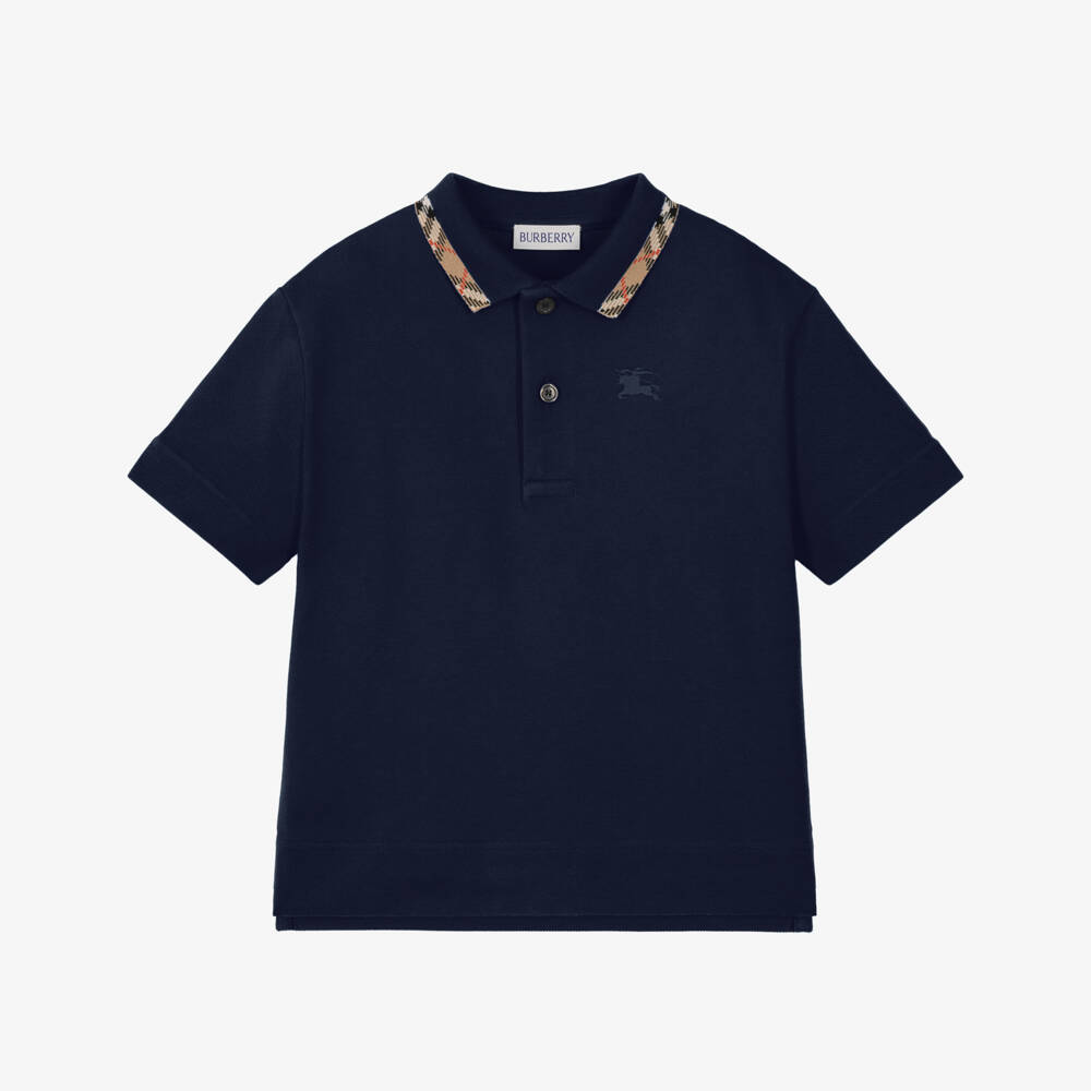 Burberry-Boys Navy Blue Piqué Polo Shirt with Burberry Check Trim | Childrensalon