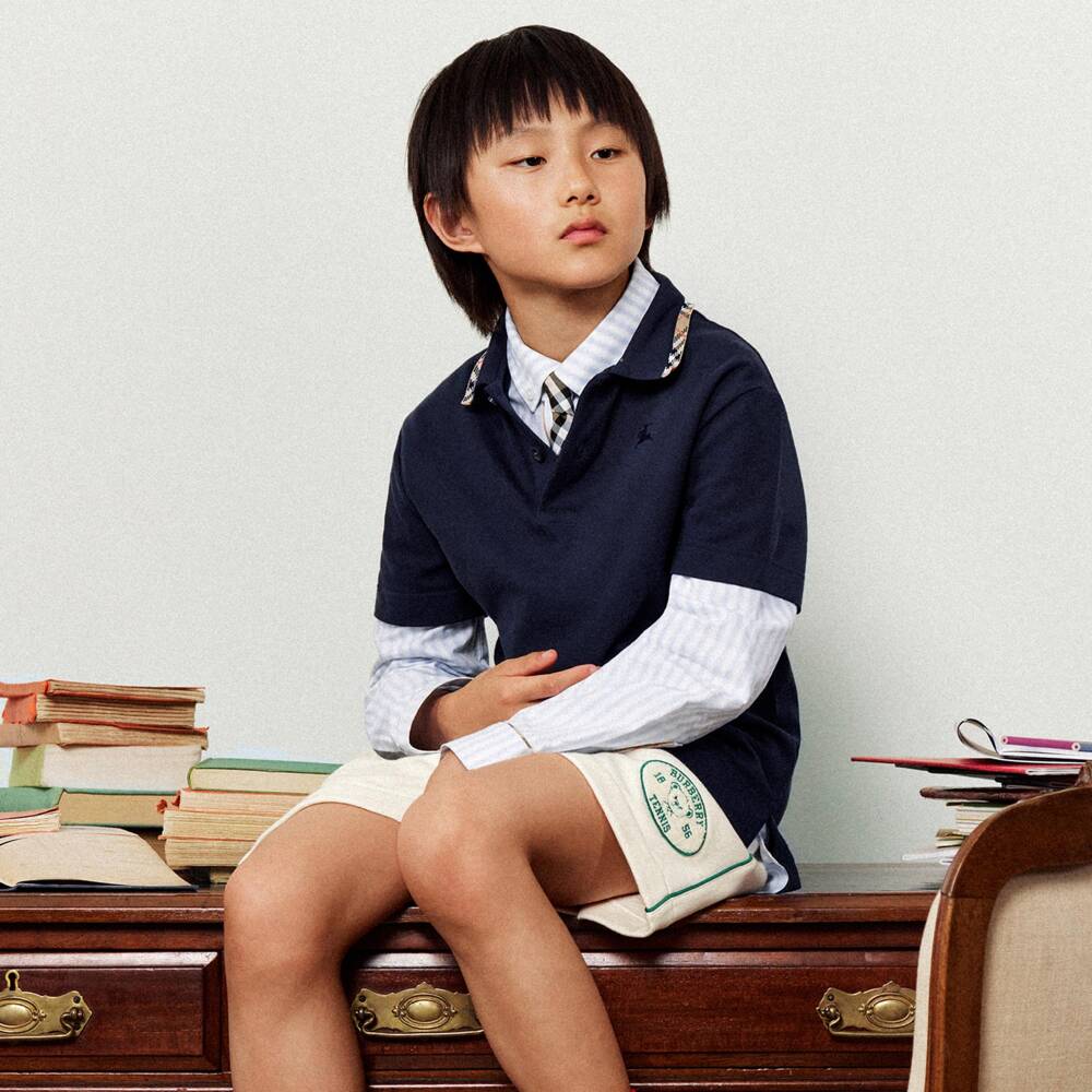 Burberry-Boys Navy Blue Piqué Polo Shirt with Burberry Check Trim | Childrensalon
