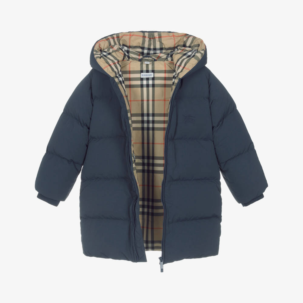 Burberry-Boys Navy Blue Puffer Coat with EKD Embroidery | Childrensalon