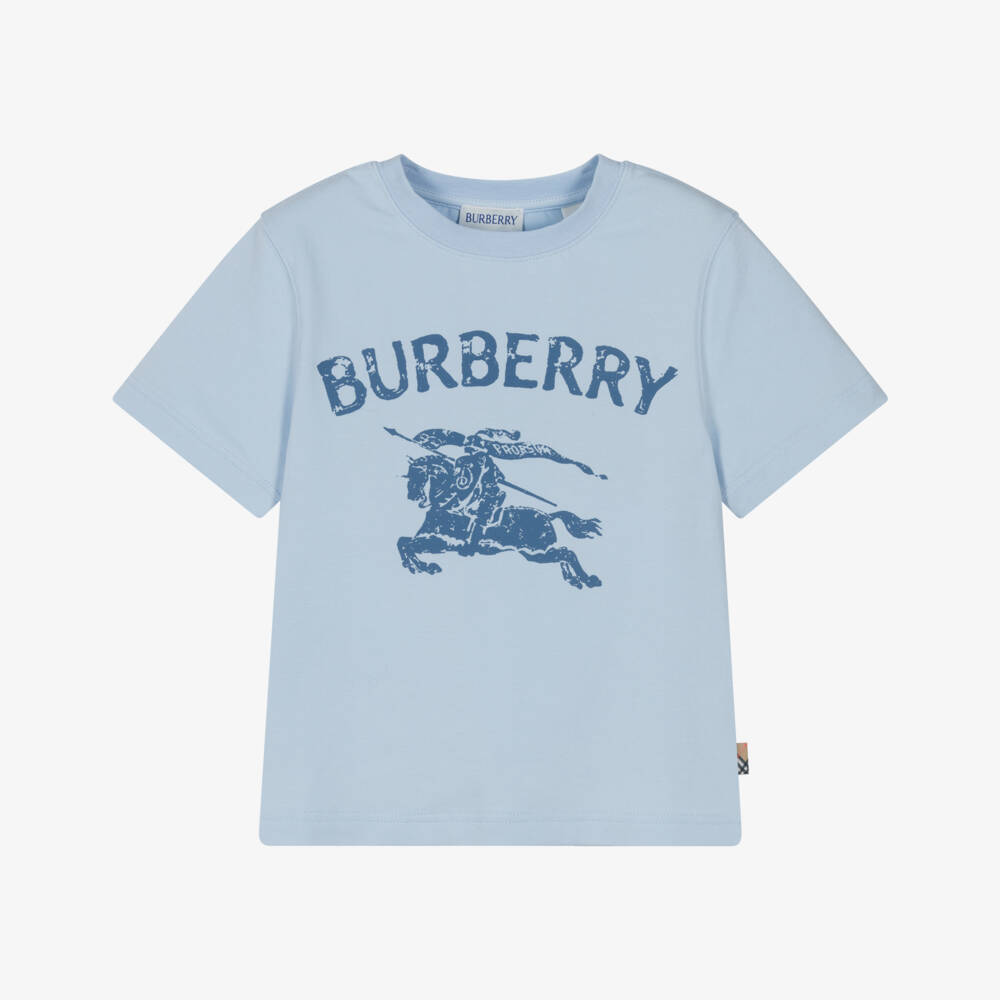 Burberry-Boys Pale Blue Cotton T-Shirt with Ink Stamp Style EKD Logo | Childrensalon