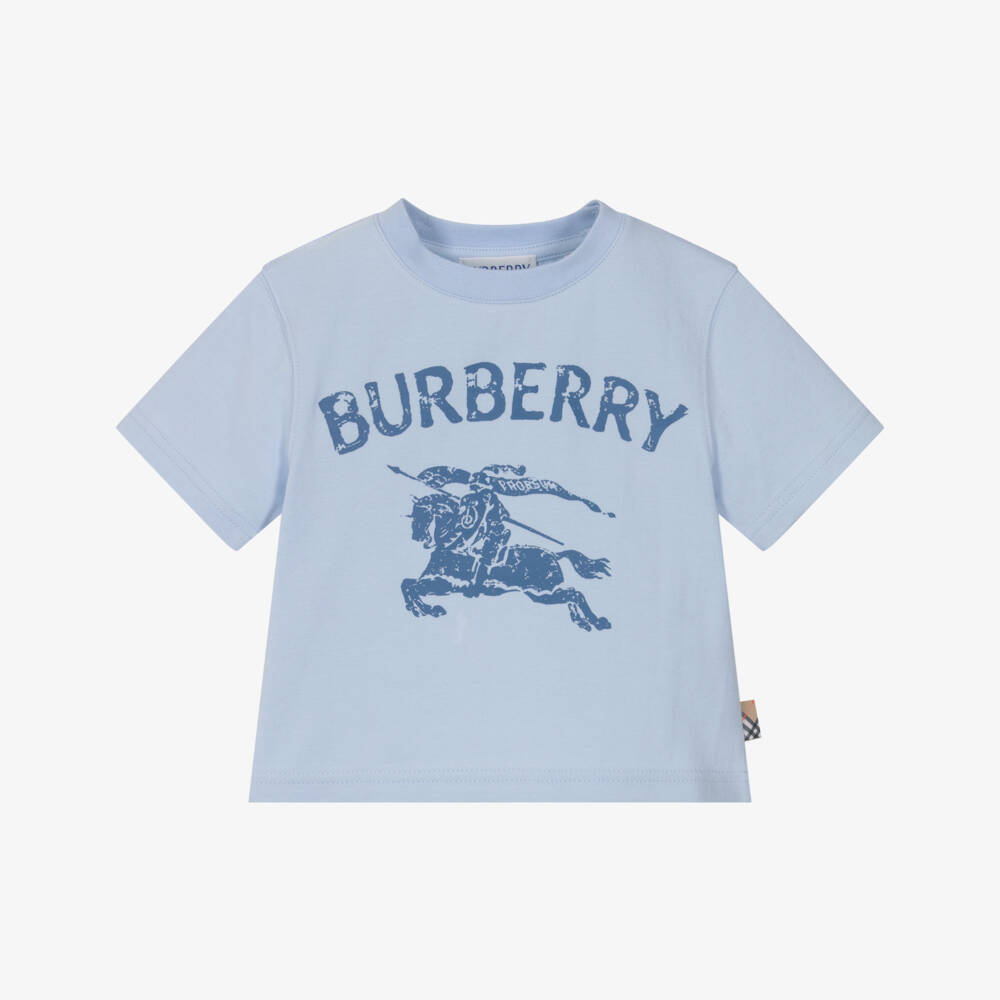 Burberry-Boys Pale Blue Cotton T-Shirt with Ink Stamp Style EKD Logo | Childrensalon