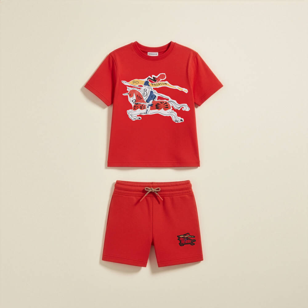 Burberry-Boys Red Cotton Jersey Shorts with EKD Appliqué | Childrensalon