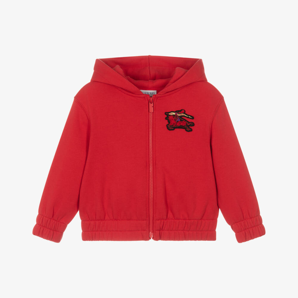 Burberry-Boys Red Cotton Jersey Zip-Up Hoodie with EKD Appliqué | Childrensalon