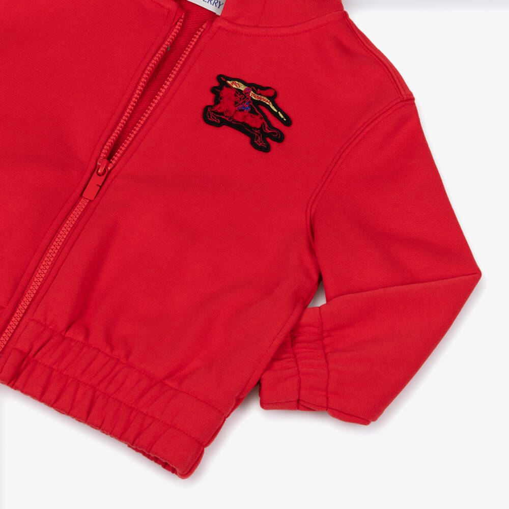Burberry-Boys Red Cotton Jersey Zip-Up Hoodie with EKD Appliqué | Childrensalon
