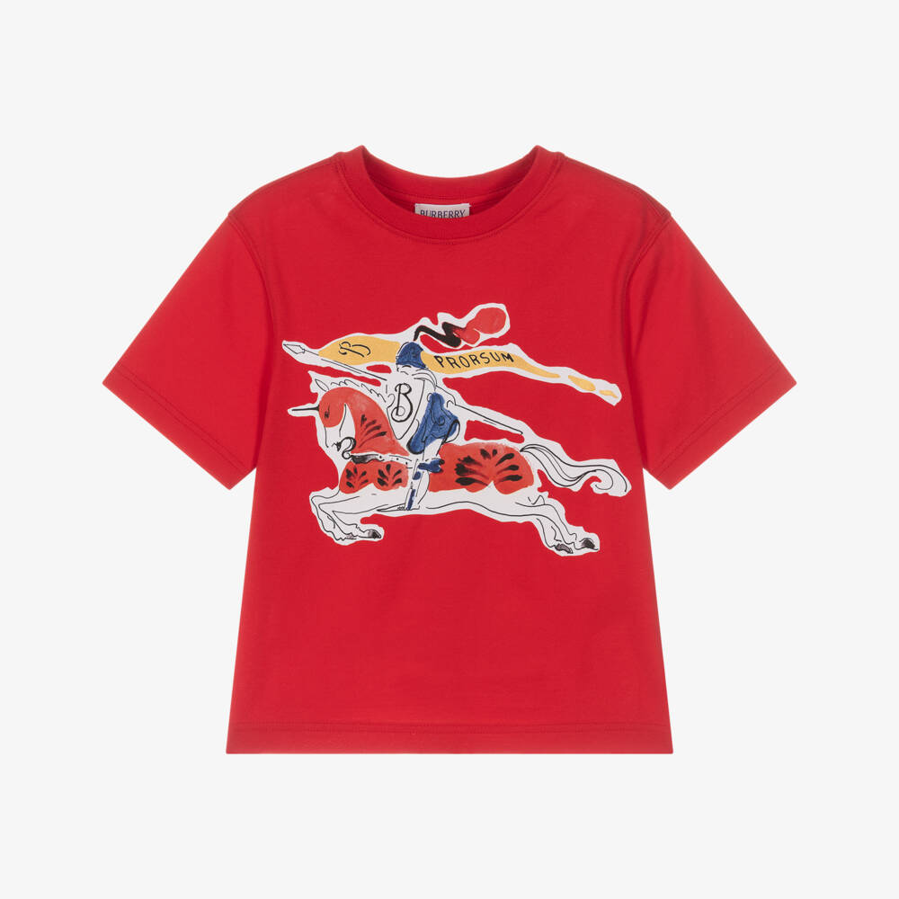 Burberry-Boys Red Cotton T-Shirt with Colourful EKD Logo | Childrensalon