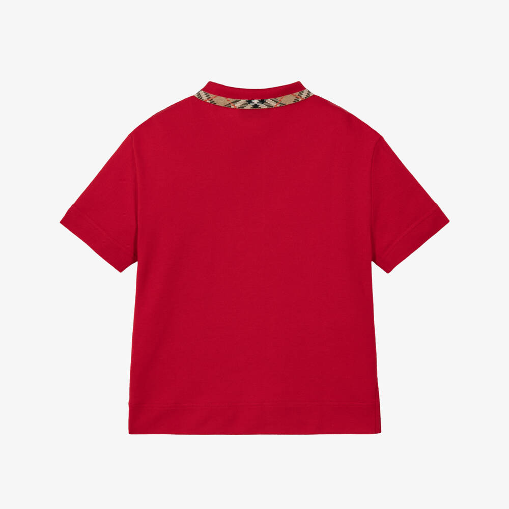 Burberry-Boys Red Piqué Polo Shirt with Burberry Check Trim | Childrensalon