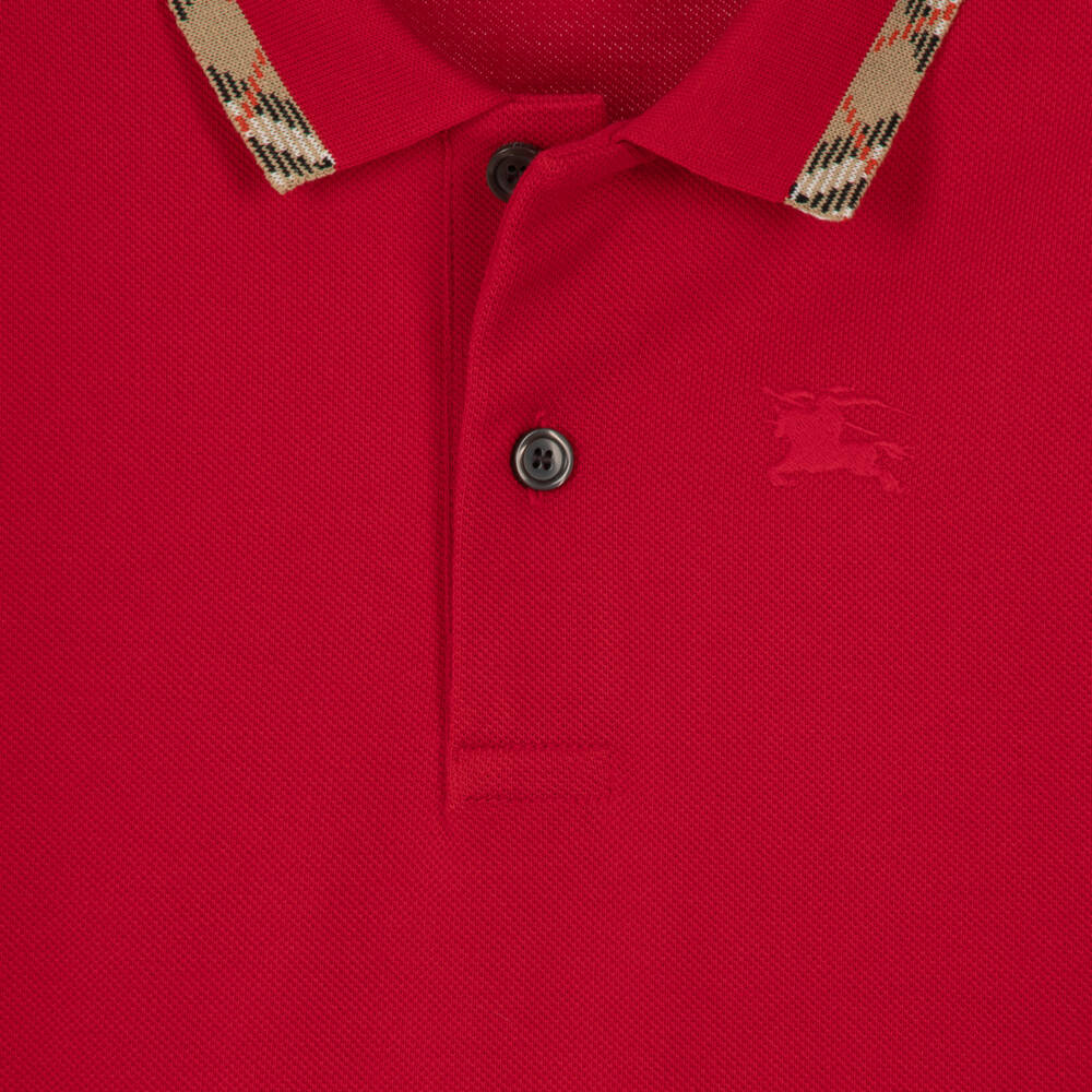Burberry-Boys Red Piqué Polo Shirt with Burberry Check Trim | Childrensalon