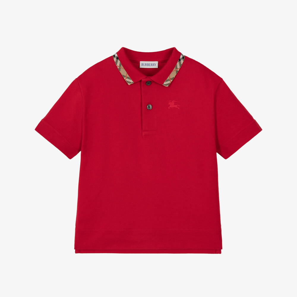 Burberry-Boys Red Piqué Polo Shirt with Burberry Check Trim | Childrensalon