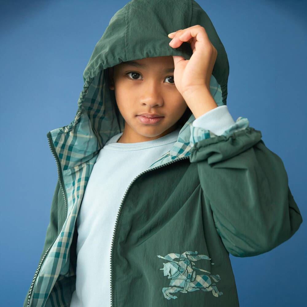 Burberry-Boys Reversible Green Check Hooded Jacket | Childrensalon