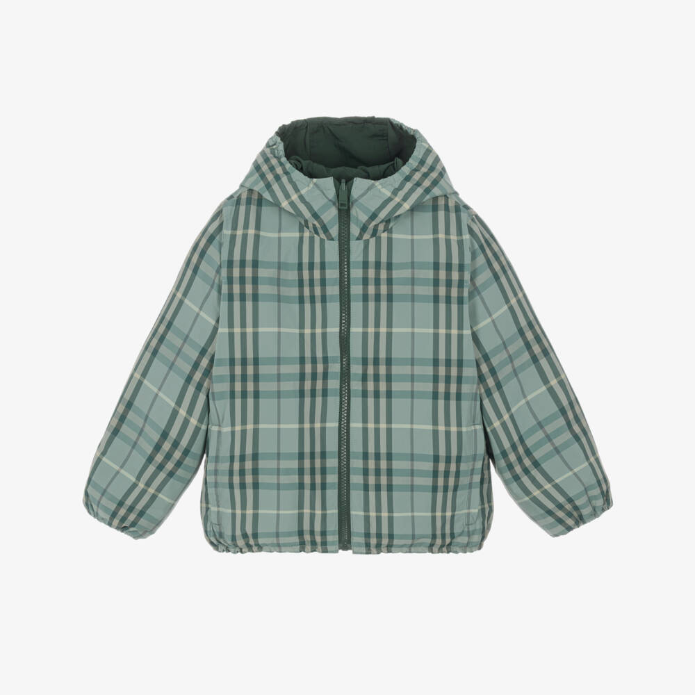 Burberry-Boys Reversible Green Check Hooded Jacket | Childrensalon
