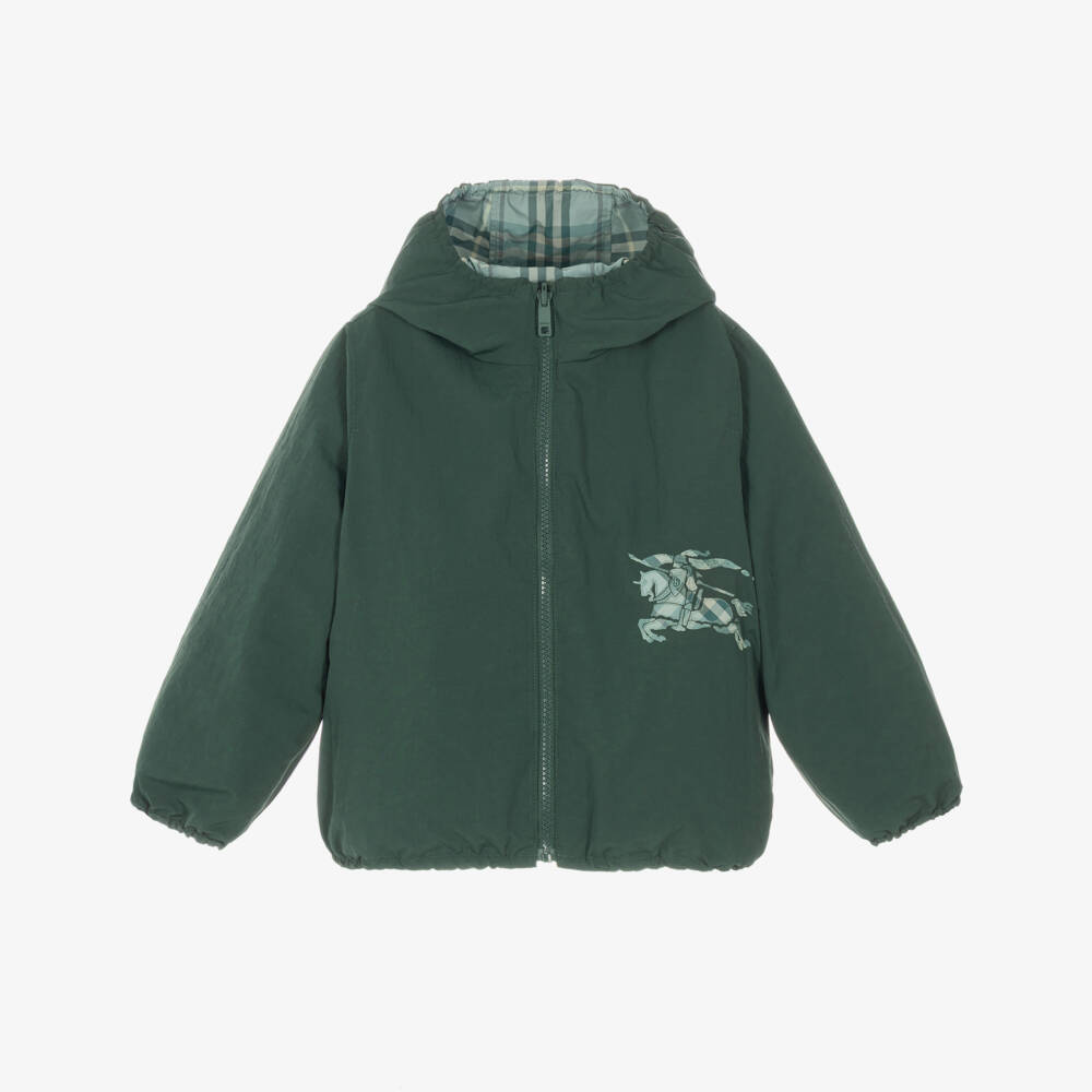 Burberry-Boys Reversible Green Check Hooded Jacket | Childrensalon