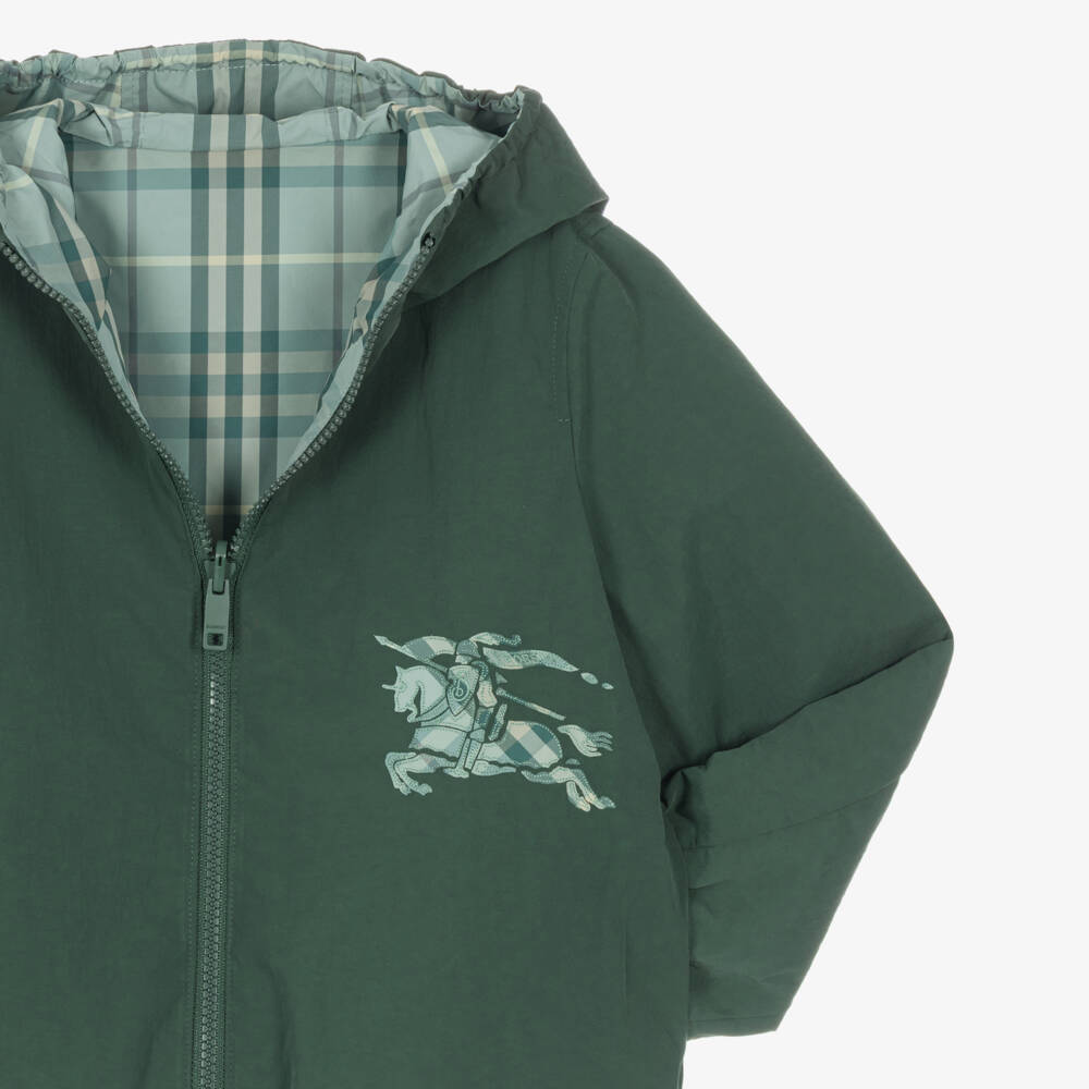 Burberry-Boys Reversible Green Check Hooded Jacket | Childrensalon