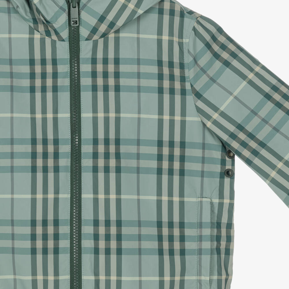Burberry-Boys Reversible Green Check Hooded Jacket | Childrensalon