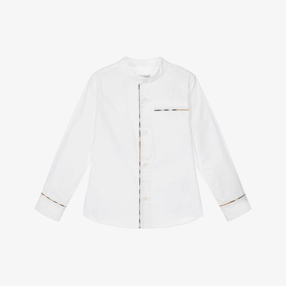 Burberry-Boys White Collarless Shirt with Burberry Check Trim | Childrensalon