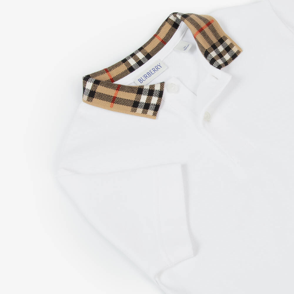 Burberry-Boys White Cotton Check Polo Shirt | Childrensalon