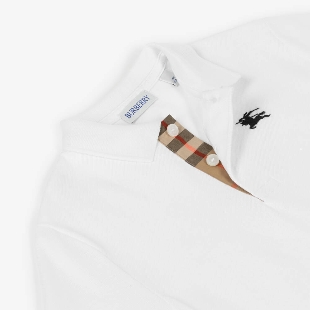 Burberry-Boys White Cotton Piqué Polo Shirt with EKD Logo | Childrensalon