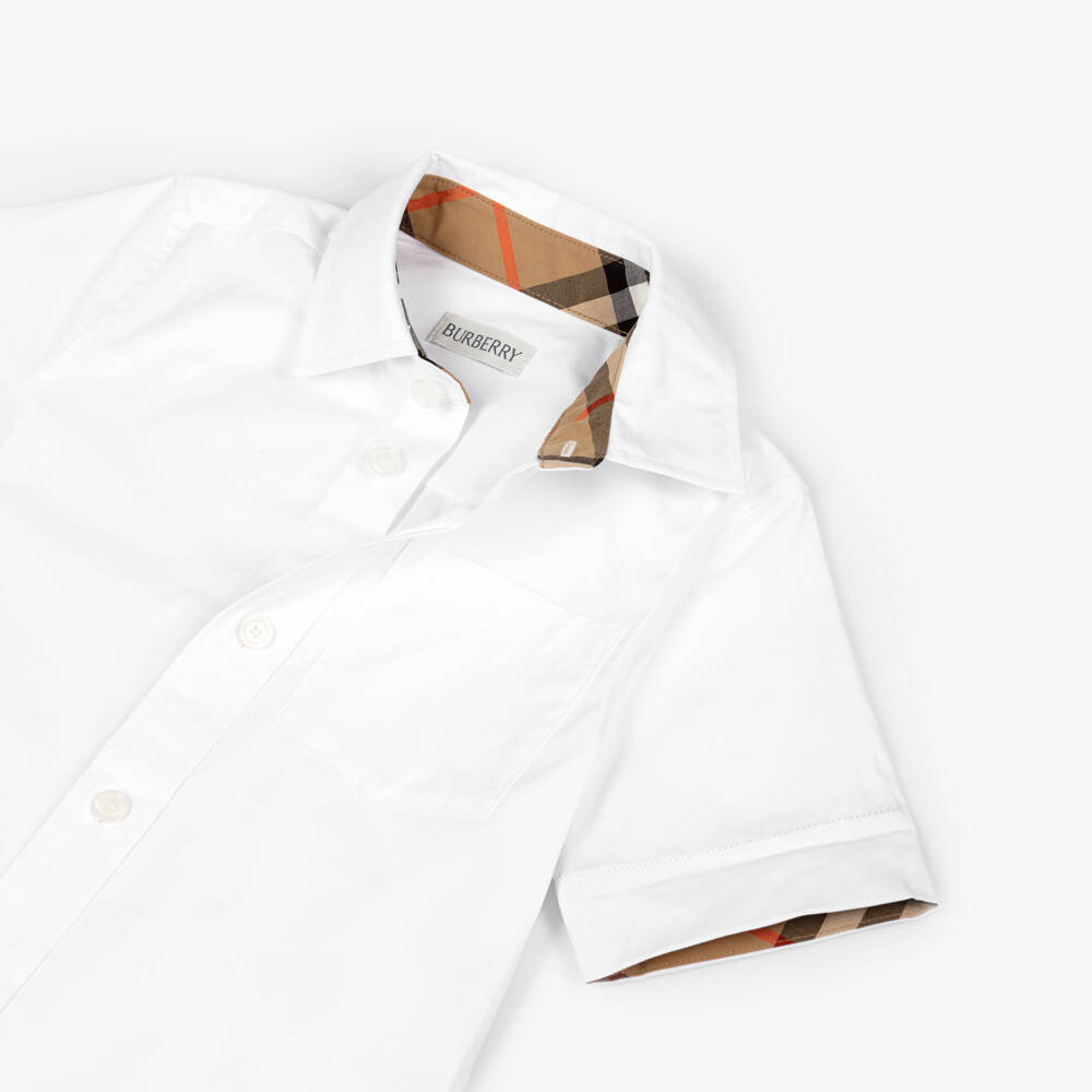 Burberry-Boys White Cotton Shirt with Burberry Check Trim | Childrensalon