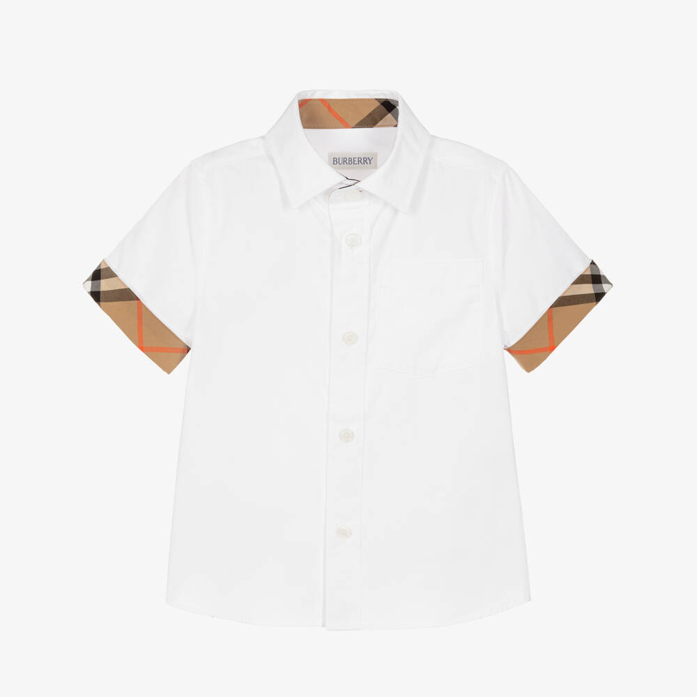 Burberry-Boys White Cotton Shirt with Burberry Check Trim | Childrensalon