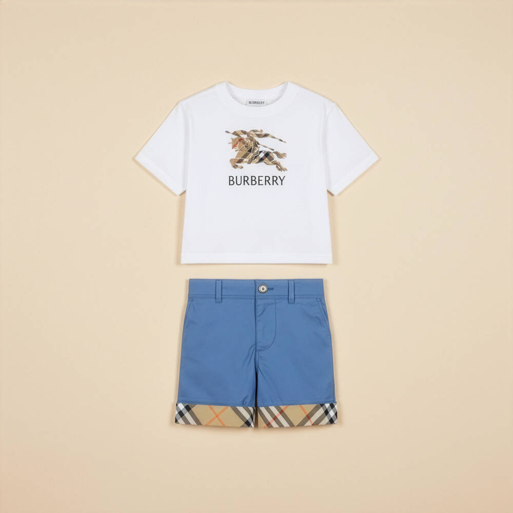 Burberry-Boys White Cotton T-Shirt with Beige Check EKD Appliqué | Childrensalon