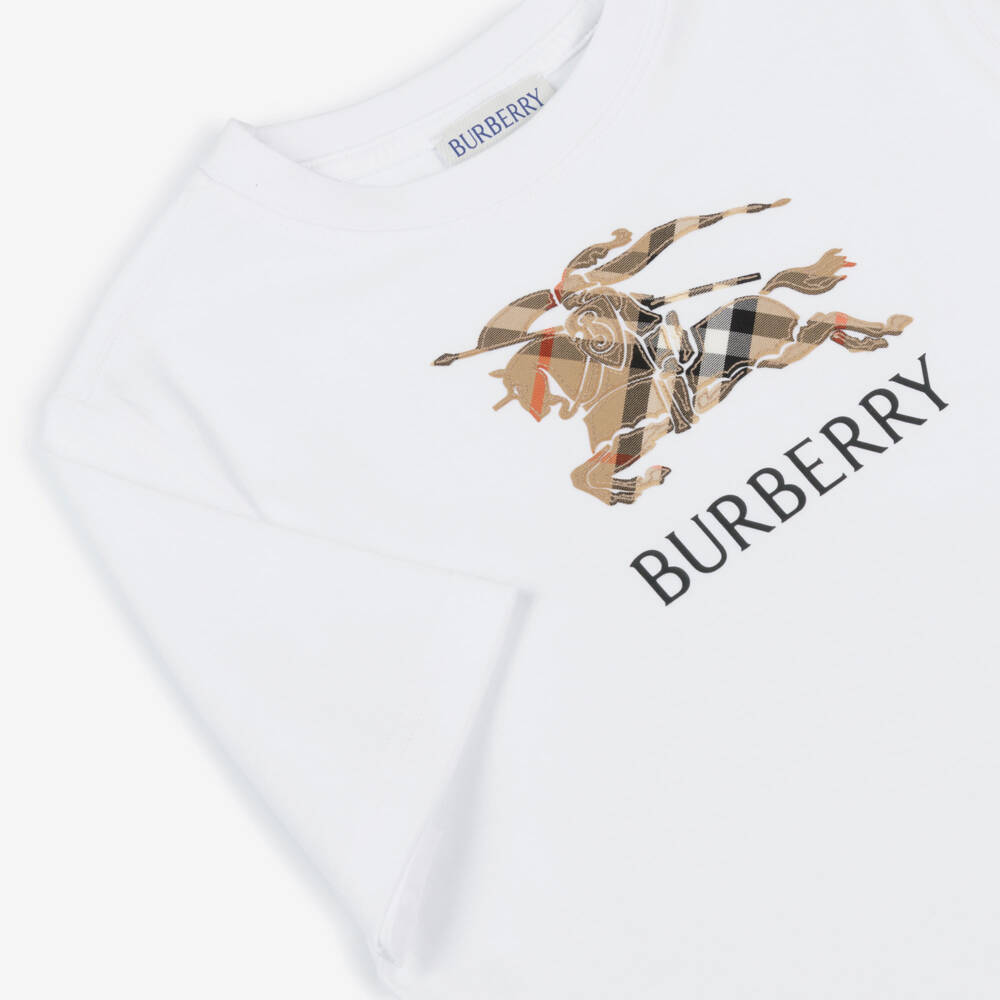 Burberry-Boys White Cotton T-Shirt with Beige Check EKD Appliqué | Childrensalon
