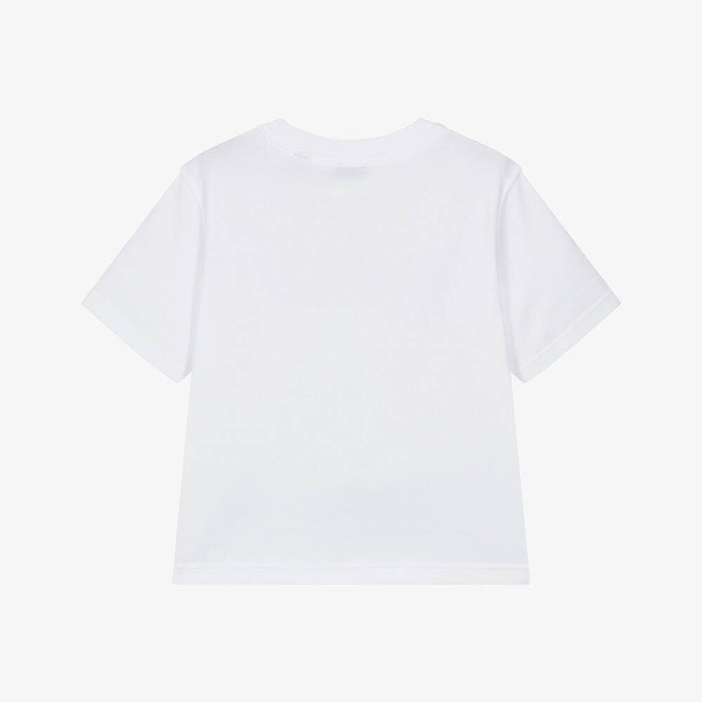 Burberry-Boys White Cotton T-Shirt with Beige Check EKD Appliqué | Childrensalon