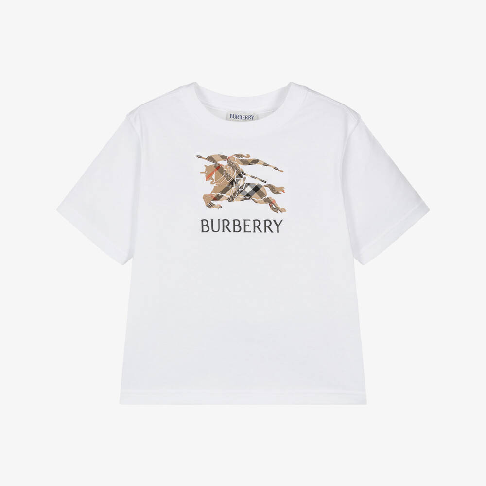 Burberry-Boys White Cotton T-Shirt with Beige Check EKD Appliqué | Childrensalon